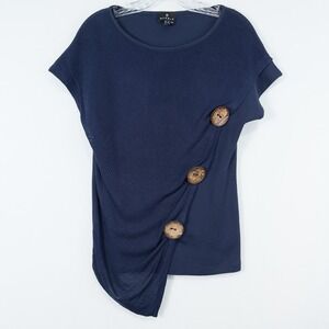 Marble Asymmetric Mesh Overlay Short Sleeve Top Small Navy Blue Buttons Artsy